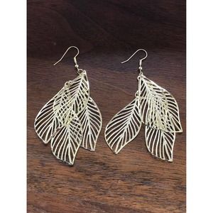 Flowy Gold-Tone Leaf Leaves Dangle Wire Hook Earrings (#31)